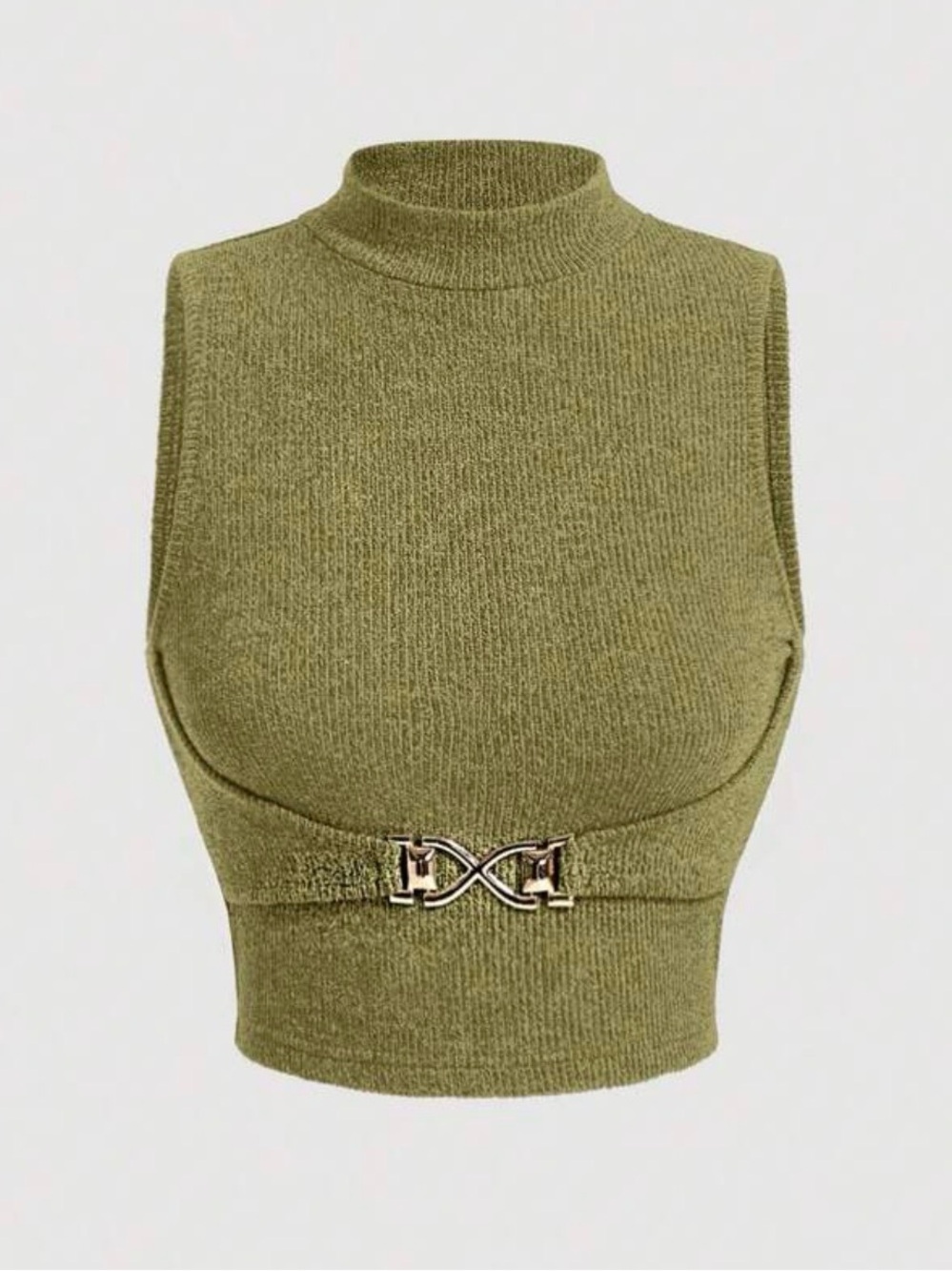 Women’s Shein Green Mock Turtle Neck Sleeveless Tank Cropped Belt Detail Size M